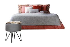 437 Bed with gray sheet, colorful pillows and gray bench with a book isolated on a transparent background photo