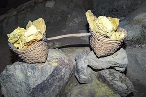 yellow sulfur mine ijen volcano at sunrise panorama landscape view photo