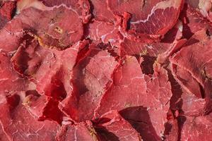 Sliced beef pastrami, pastrami with Turkish bacon, close-up top view. Traditional Turkish food photo