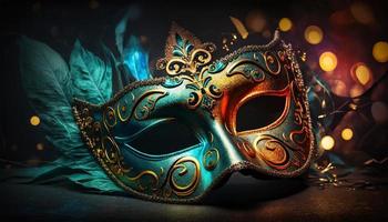 Carnival party. Venetian mask on dark bokeh background. Festival decoration. photo