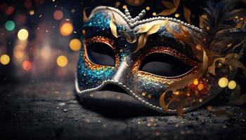 Carnival party. Venetian mask on dark bokeh background. Festival decoration. photo