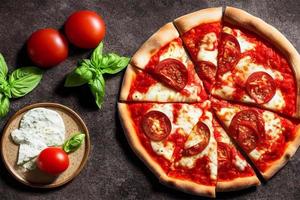 Italian pizza Margherita with tomato sauce Mozzarella cheese basil on a dark concrete background. Pizza recipe and menu. photo