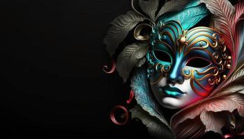 Carnival party. Venetian mask copy space on black background. Festival decoration.