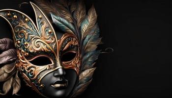 Carnival party. Venetian mask copy space on black background. Festival decoration.