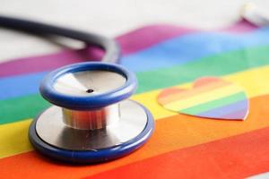 LGBT symbol, Stethoscope with rainbow ribbon, rights and gender equality, LGBT Pride Month in June. photo