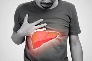 The illustration of liver is on the man's body against gray background. A men with hepatitis and fatty liver problem. photo