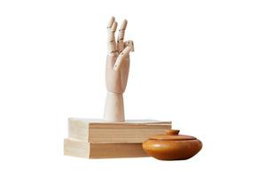 414 Books, wooden decorative hand and clay pot isolated on a transparent background photo