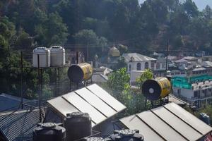 Early morning view of Modern rooftop restaurant at Kasauli, Himachal Pradesh in India, View of mountain hills from open air restaurant in Kasauli, Kasauli Rooftop restaurant photo