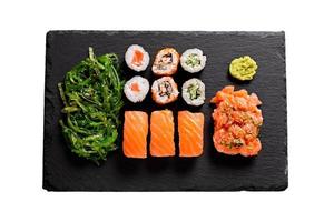 428 Black tray with japanese sushi rolls isolated on a transparent background photo