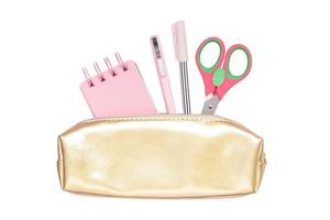 2503 Gold pencil case and pink supplies school isolated on a transparent background photo