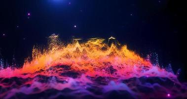 Abstract moving multicolored purple and yellow futuristic landscape of particles and dots of energetic magic with glow and blur effect, abstract background photo