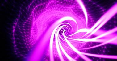 Abstract purple futuristic tunnel from a grid of particles lines glowing bright shiny neon digital magical energy on a dark background. Abstract background photo