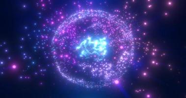 Abstract round blue to purple sphere light bright glowing from energy rays and magic waves from particles and dots, abstract background photo