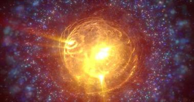 Abstract futuristic glowing with yellow light round sphere space star from magic high-tech energy on the background of the space galaxy. Abstract background photo