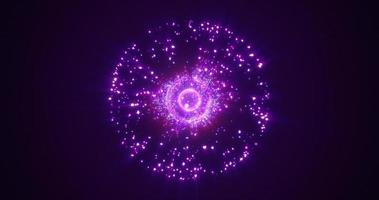 Abstract round purple sphere glowing energy magic molecule with atoms from particles and dots cosmic. Abstract background photo