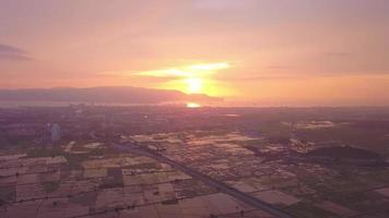 aéreo ver puesta de sol terminado inundar arrozal campo video