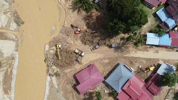Aerial view recovery of village after flash flood video