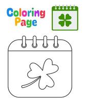 colorante página con calendario con trébol para niños vector