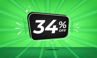 34 percent off. Green banner with thirty-four percent discount on a black balloon for mega big sales. vector