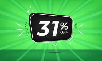 31 percent off. Green banner with thirty-one percent discount on a black balloon for mega big sales. vector