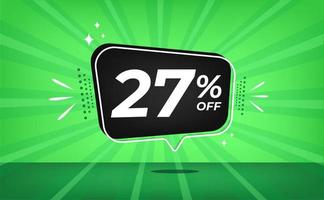 27 percent off. Green banner with twenty-seven percent discount on a black balloon for mega big sales. vector