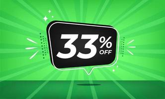 33 percent off. Green banner with thirty-three percent discount on a black balloon for mega big sales. vector