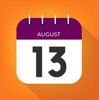 August day 13. Number thirteen on a white paper with purple color border on a orange background vector
