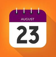 August day 23. Number twenty-three on a white paper with purple color border on a orange background vector