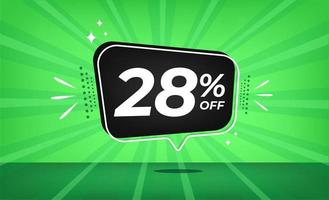 28 percent off. Green banner with twenty-eight percent discount on a black balloon for mega big sales. vector