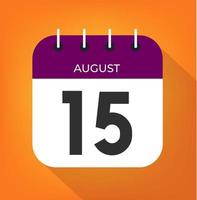 August day 15. Number fifteen on a white paper with purple color border on a orange background vector