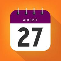 August day 27. Number twenty-seven on a white paper with purple color border on a orange background vector