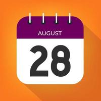 August day 28. Number twenty-eight on a white paper with purple color border on a orange background vector