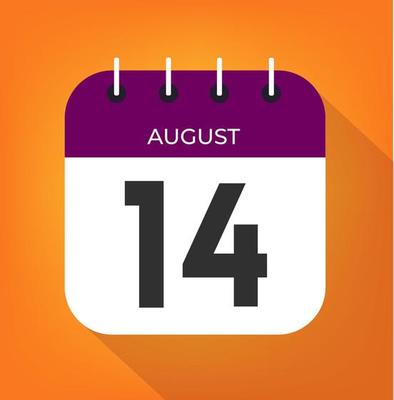 August day 14. Number fourteen on a white paper with purple color border on a orange background