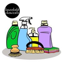 household chemicals. set of cleaning icons in the form of doodles. Cleaning services. Vector concept with household items and cleaning products.