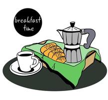 Breakfast time.  Good morning with cup of coffee. bread box with fresh bread, pastries with cup of hot coffee. Continental breakfast - coffee and croissant. vector