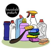 botellas con detergente para casa productos quimicos casa limpieza productos y accesorios para limpieza el cocina y hogar, platos y lavadero. Lavado polvo y esponja. vector