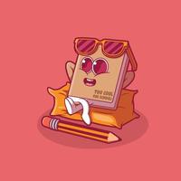 un libro personaje mirando frio con Gafas de sol y un lápiz vector ilustración. aprendiendo, imaginación diseño concepto.