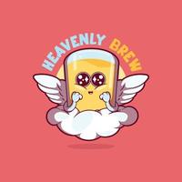 Angelic Beer glass on top of a cloud with angel wings. Drinks, funny design concept. vector