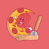 Salami character surfing a pizza wave vector illustration. Sport, food, brand design concept.