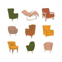 Set of various trendy colorful armchairs. Soft furniture collection for interior design and decoration. Hand drawn vector illustration isolated on white background