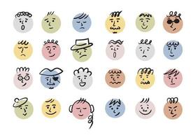 Round simple faces with various emotions. Cartoon style. Hand drawn vector illustration.