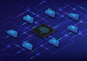 Abstract background big data connection technology of the microcomputer with the cloud, finance, investment, shopping, security The information lines below are illuminated on  blue gradient background vector