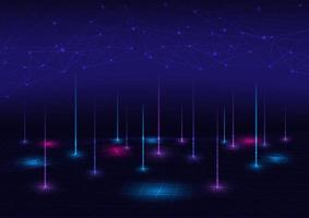 Abstract background hi-tech grid multicolored glowing lines rising above colored circles of light on the ground Wireframe with points above black and blue gradient background vector