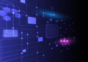 resumen antecedentes de alta tecnología pastilla perspectiva ángulo con circuito líneas, hexágonos y cuadrícula. luminoso puntos en intersectando líneas azul y púrpura ligero azul degradado antecedentes vector