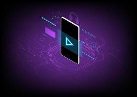 Abstract background technology mobile phone 3d isometric angle play button blue neon glow headphones, Film, musical notes and elements, hi-tech circles and circuits below, purple gradient background. vector