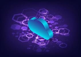 Abstract background technology 3d cloud computing has a bright blue color There are glowing polygons below. on a purple gradient background vector