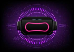 Abstract hi-tech background VR glasses 3D pink glowing curves in the center of the screen bright tech circles and grid below. with cog and elements purple gradient background vector