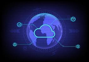 Abstract hi-tech background blue earth dotted map glowing cloud with wifa icon, graph with dotted circle around the world and symbol gradient background vector