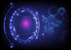 Abstract Technology Background Tech Circle Perspective There is a central wireframe brain that glows pink, dotted lines, and gears of various shapes and sizes. blue gradient background vector