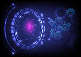 Abstract Technology Background Tech Circle Perspective There is a central wireframe brain that glows pink, dotted lines, and gears of various shapes and sizes. blue gradient background vector